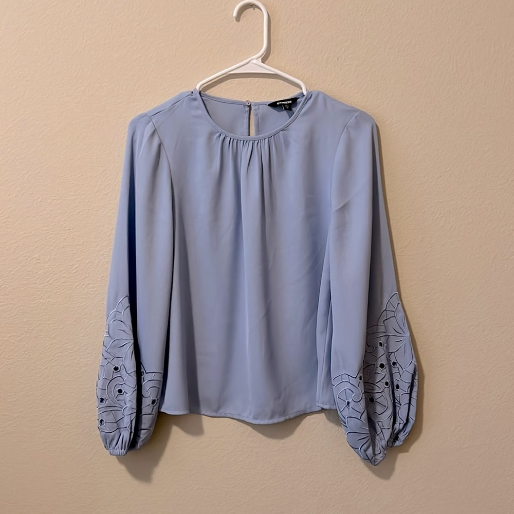 Express Spring light blue blouse with fun floral details on the sleeves!